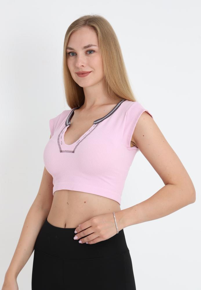 Crop Tricou Damă cu Mânecă Scurtă ,Culoare Roz,Engros
